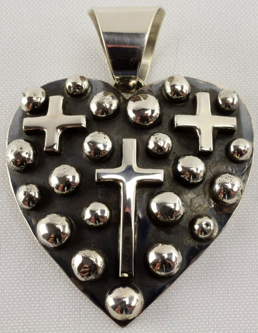 Navajo Sterling Silver Bead and Cross Heart Pendant (1 of 3)