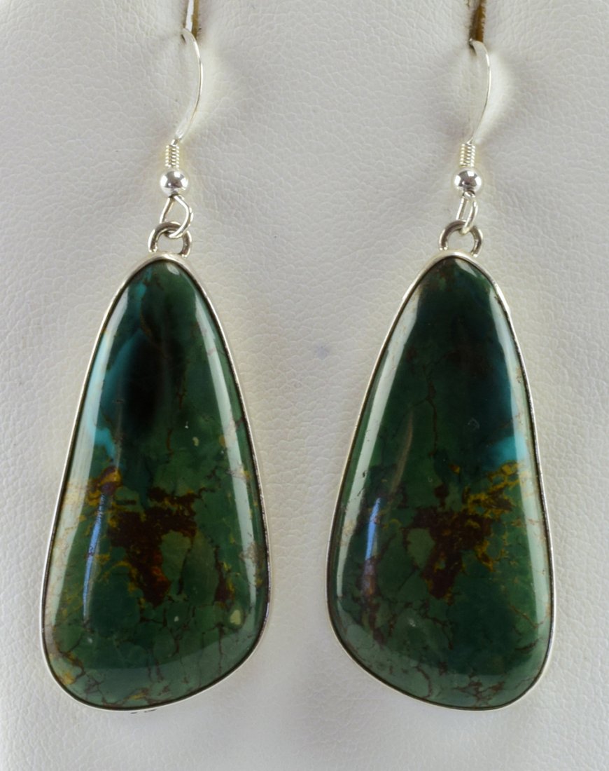 Alfred Martinez Sterling Chinese Turquoise Earrings: Measures 2 1/8 inches long with the hook drop. These earrings are done in a Tear Drop shape with deep dark Green Turquoise. They are in a simple sterling frame. Stamped Sterling and Signed "Daniel Mar