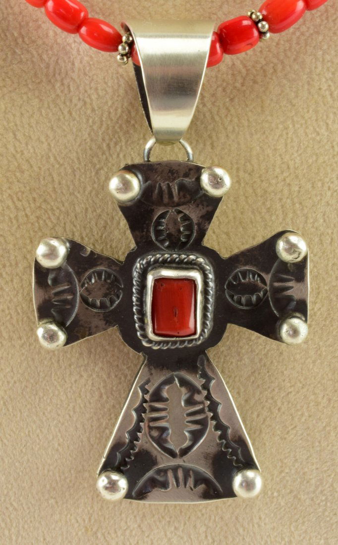 Navajo Sterling Silver Cross Pendant w/Coral (1 of 4)