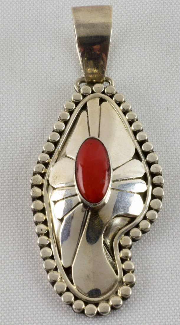 Navajo, Marita Benally Mediterranean Coral Pendant: Sterling Silver | Genuine Mediterranean Coral | Marita Benally Mediterranean Coral Pendant | Navajo Native American Southwest Indian Jewelry | Weight:21.1 Grams, | Dimensions: Pendant: 2" x 1" |Signed