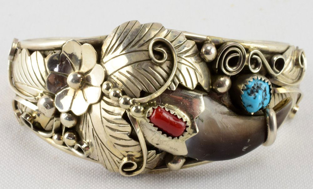 Navajo Sterling Bear Claw Men's Cuff w/Turquoise & Cora (1 of 4)