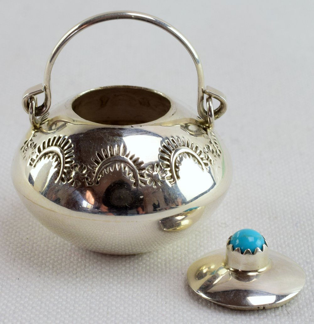 Wesley White Sterling Silver Miniature Pot w/Turquoise (1 of 5)