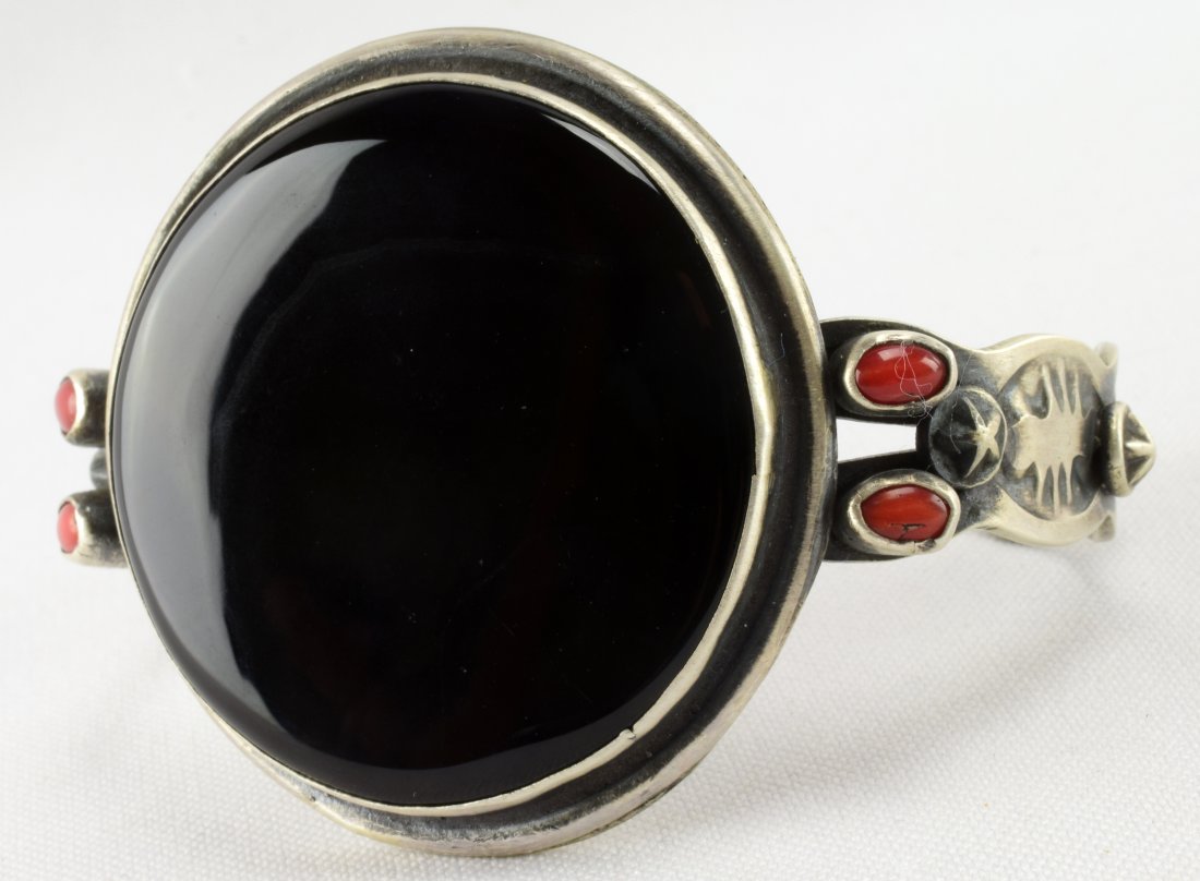 Native American Sterling Black Onyx and Coral Cuff (1 of 5)