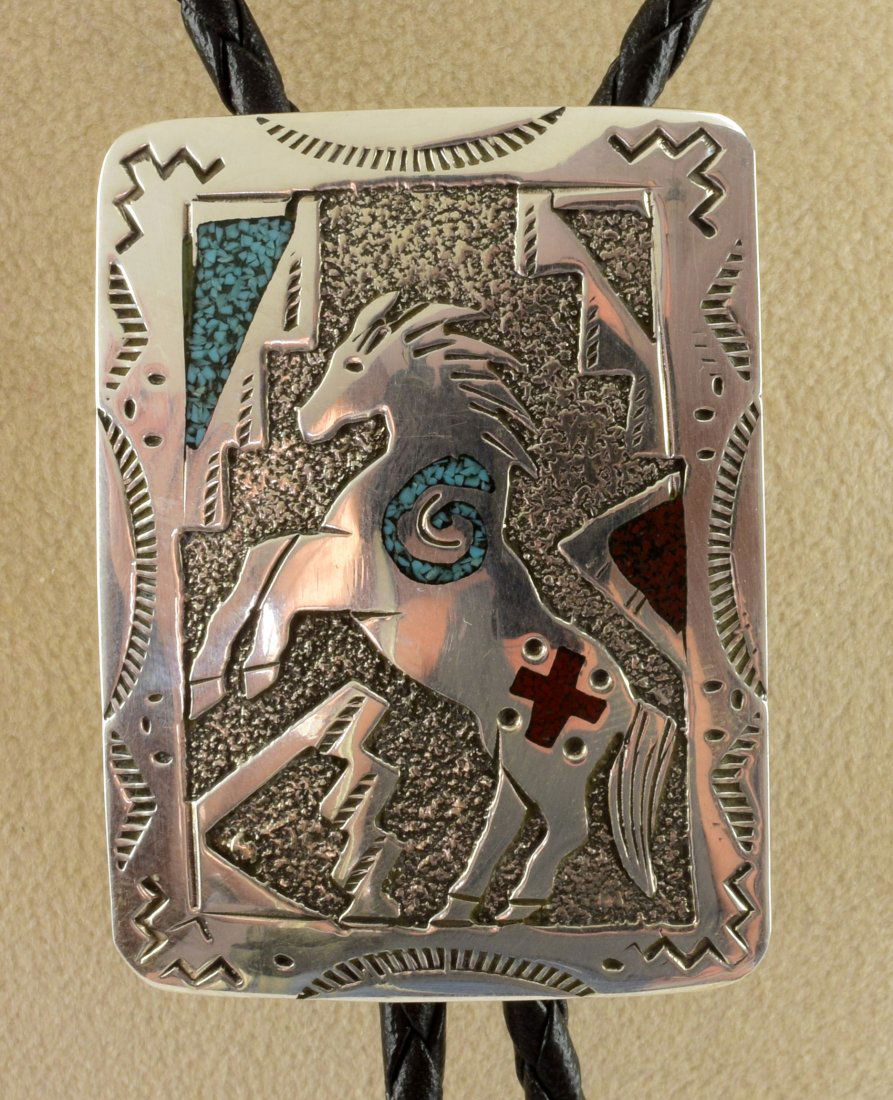 Navajo Sterling Horse Bolo W/Turquoise & Coral Inlay (1 of 5)