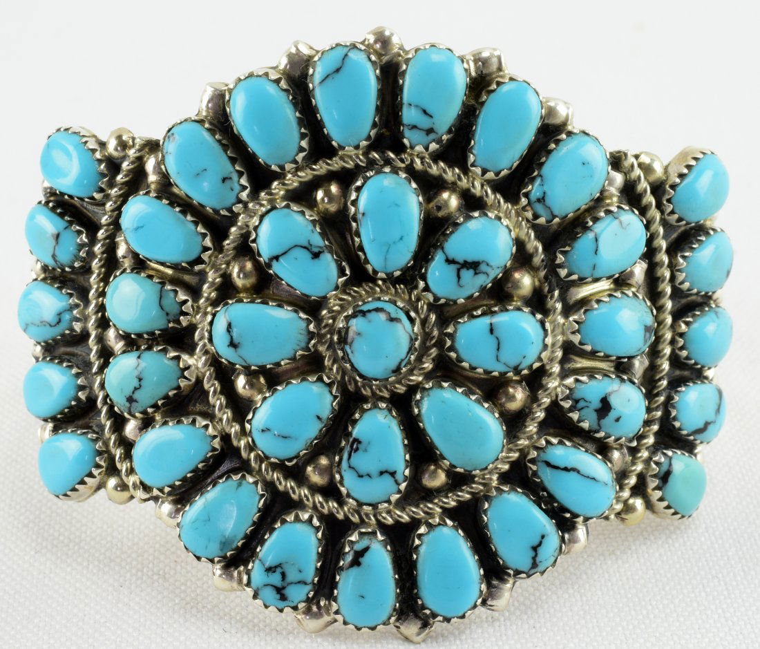 Navajo Sterling Block Turquoise Cluster Cuff Bracelet (1 of 4)