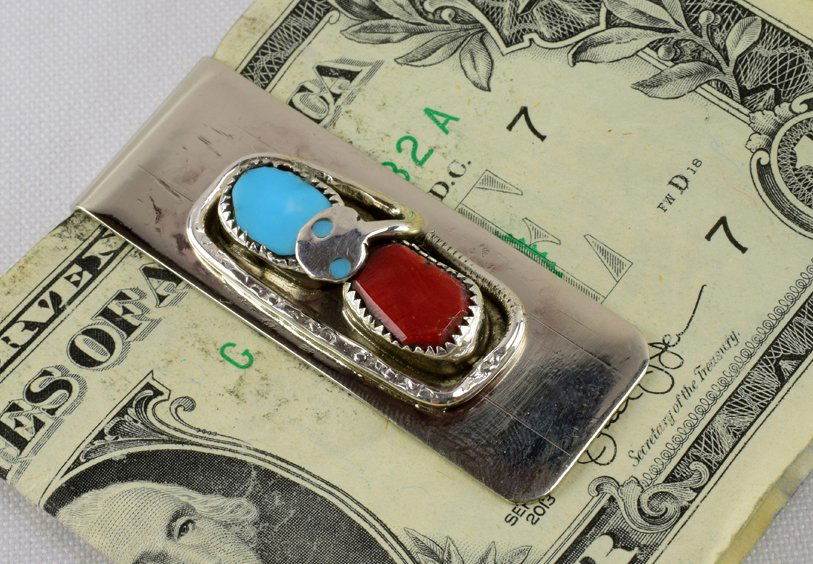 Effie Calavanza Zuni, Sterling Silver Money Clip: Measures approx. 3/4 inch wide x 2 inches long this piece is done in the Snake design the artist is famous for. Stamped Sterling and Signed "Effie C". Weighs 17.5 Grams. Native American, Navajo, South