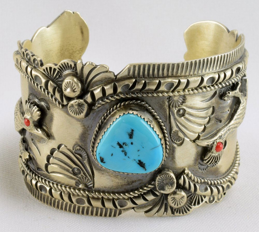 Navajo Masterpiece Sterling Roadrunner Cuff w/Turquoise (1 of 6)