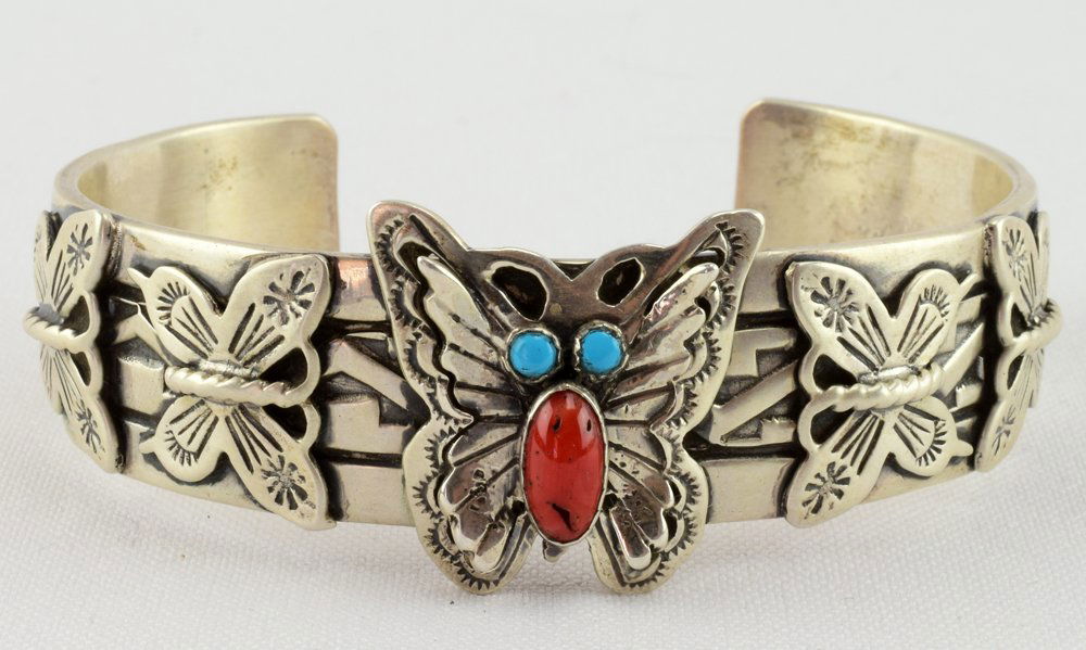 Navajo Sterling Butterfly Bracelet w/Turq. & Coral (1 of 4)