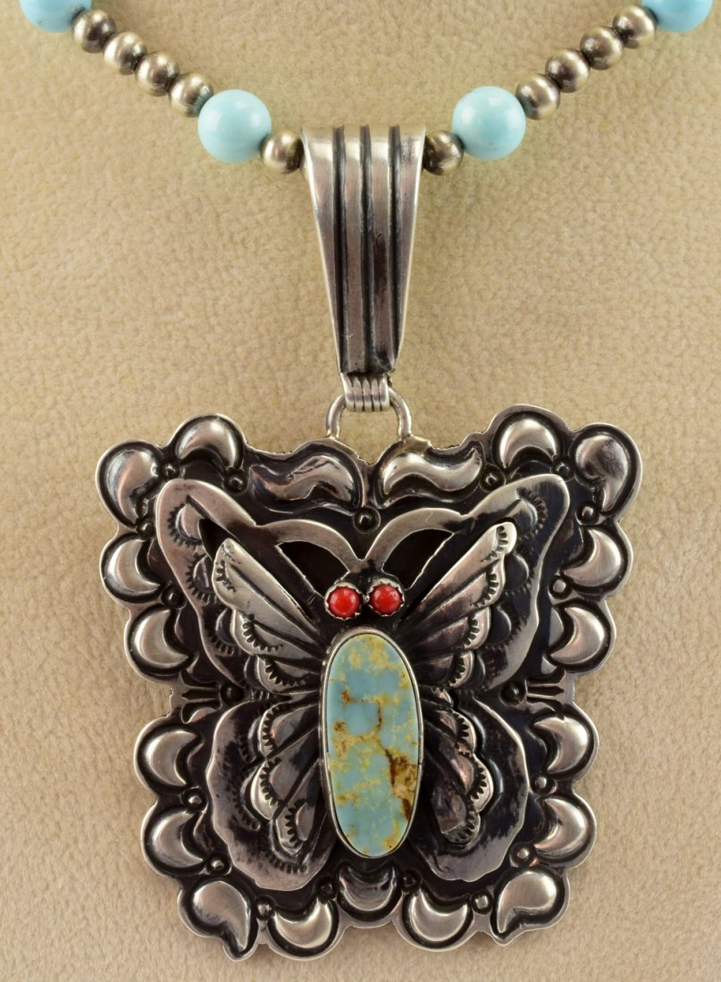 Navajo Sterling Butterfly Pendant w/Coral & Turquoise (1 of 4)