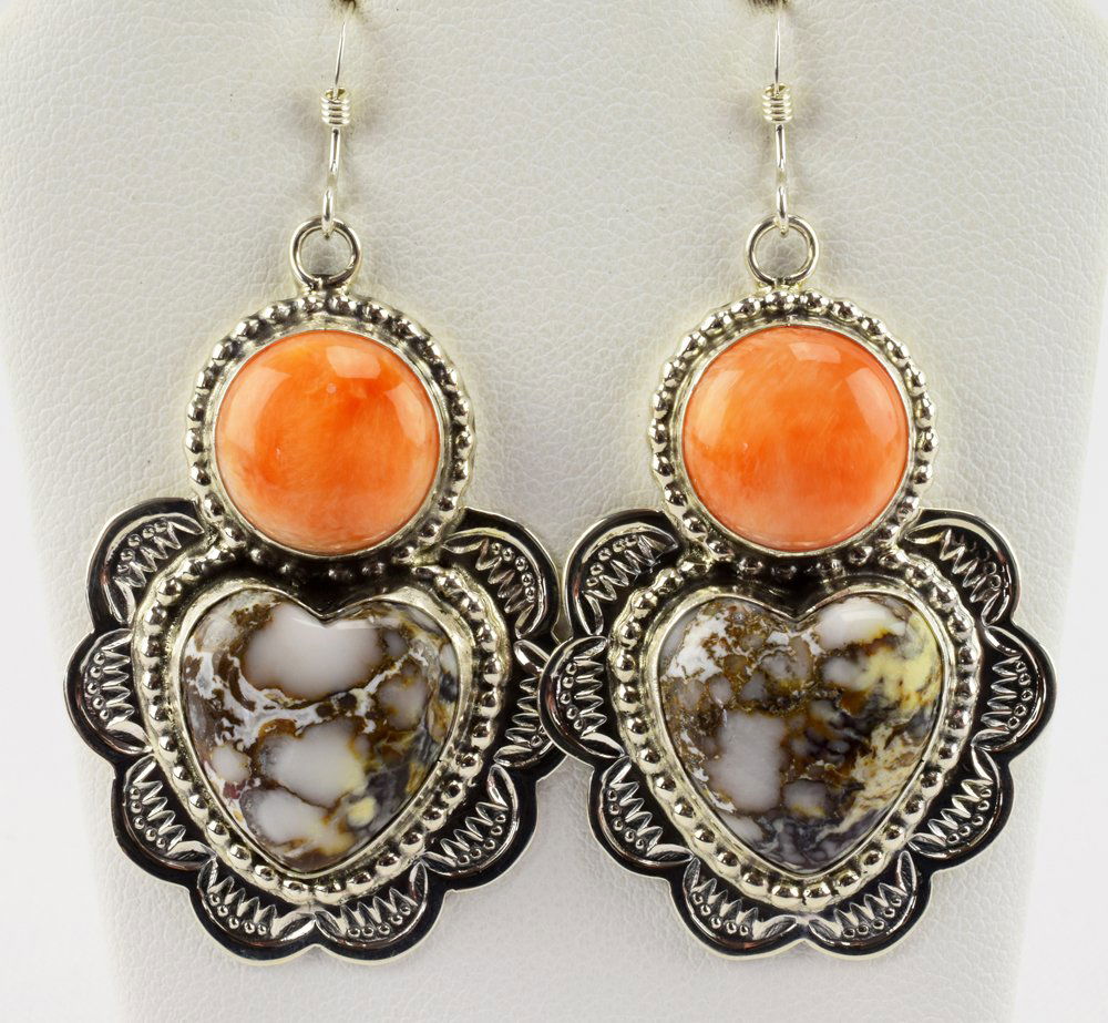 Navajo Wild Horse Turquoise & Spiny Oyster Earrings: Measuring 2 1/8 inches x 1.25 inches wide. These earrings have a light Orange Spiny Oyster stone on the top and then drop to a Wild Horse Turquoise Heart shape at the bottom. They are accented with a