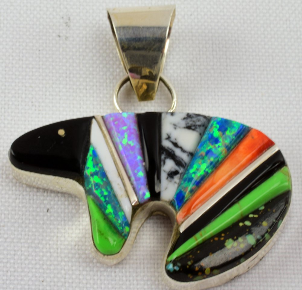 Native American Multi-Stone Sterling Inlay Bear Pendant (1 of 3)
