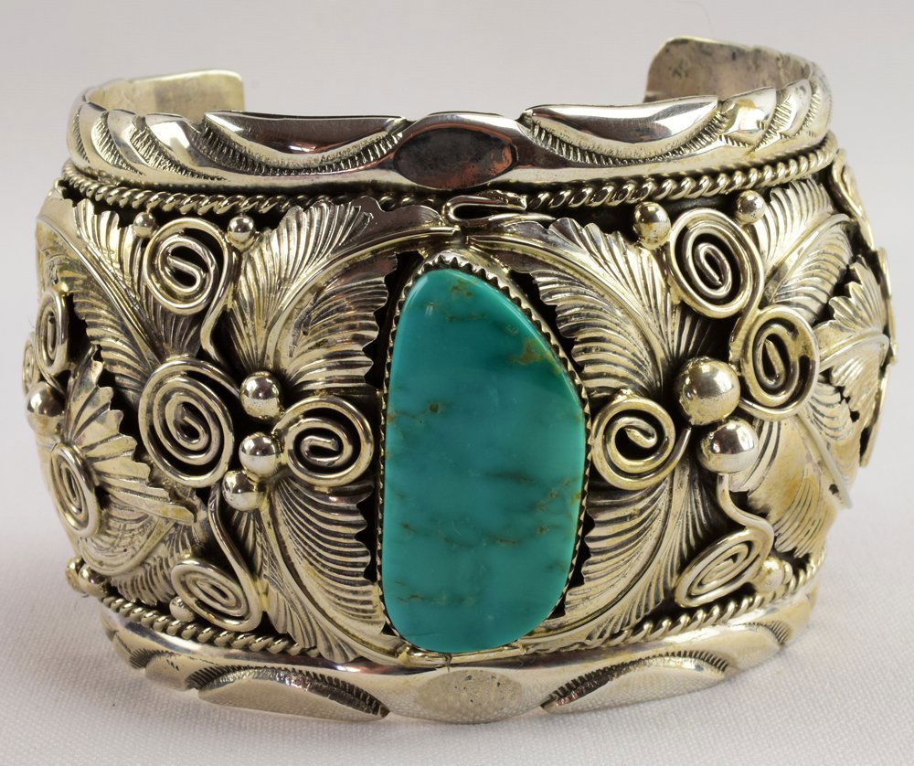 Navajo Blue Gem Turquoise Heavy Ornate Bracelet (1 of 4)