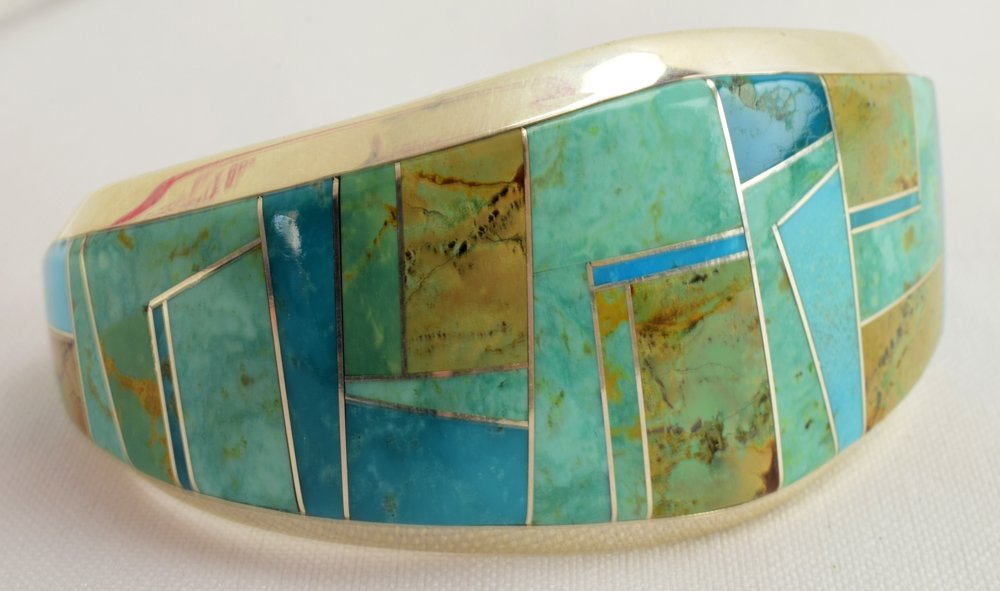Emerson Yazzie Sterling Turquoise Inlay Wide Band Cuff (1 of 3)