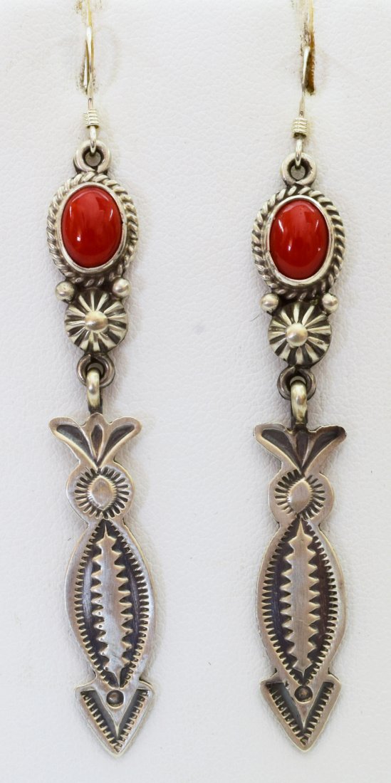 Native American  Sterling Coral Arrow Dangle Earrings (1 of 3)