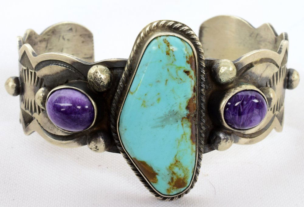 Navajo Sterling Kingman Turquoise Cuff w/Charoite (1 of 3)