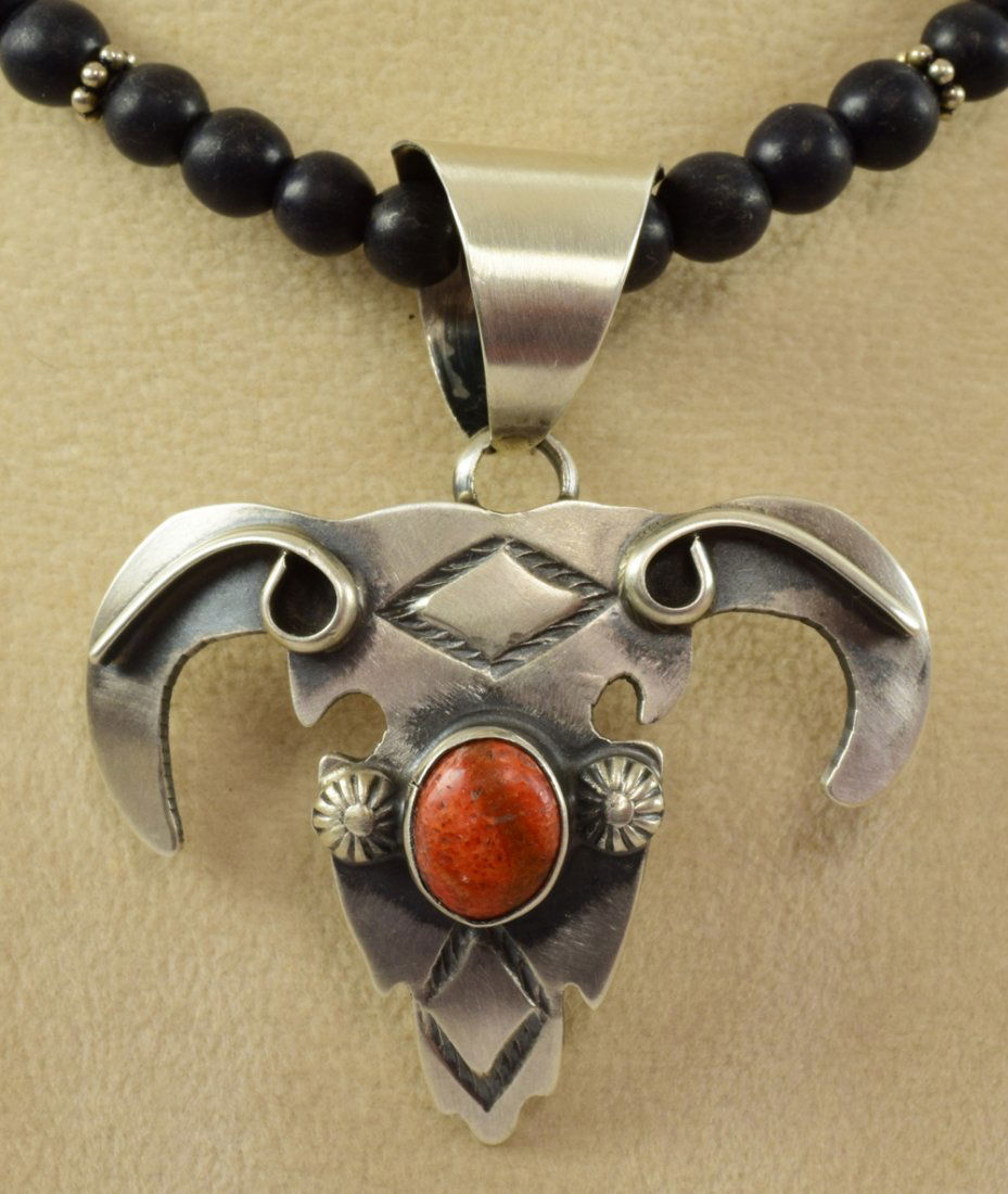 Navajo Sterling Steer Head Skull Pendant w/Apple Coral (1 of 4)