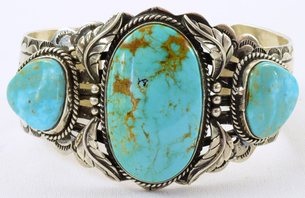Russell Sam Sterling Tyrone Turquoise 3 Stone Bracelet (1 of 5)