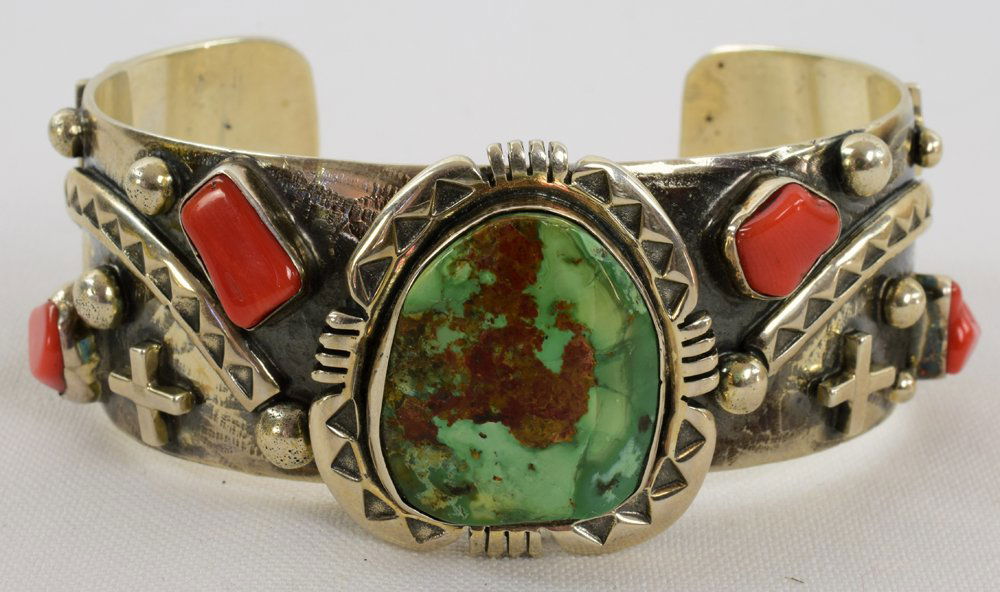 Navajo Sterling Royston Turquoise & Coral Cross Cuff (1 of 5)