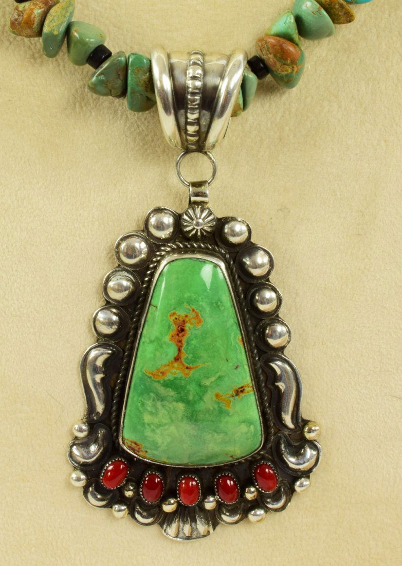 Myron Etsitty Sterling Large Turquoise & Coral Pendant (1 of 4)