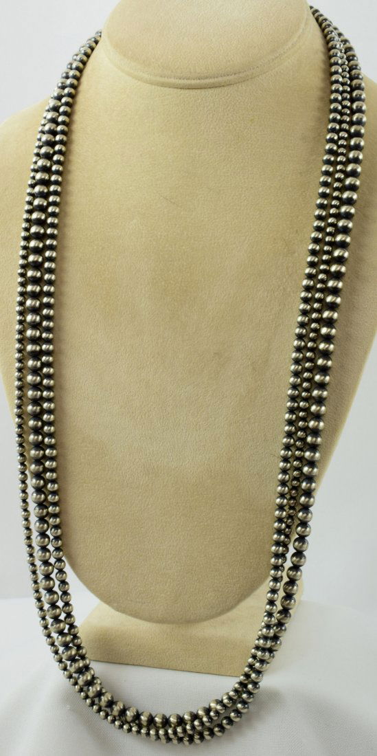 Navajo Sterling 3 Strand Bench Bead Necklace 30 In. (1 of 5)