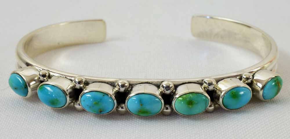 Navajo Sterling Morenci Turquoise 7 Stone Bracelet (1 of 5)