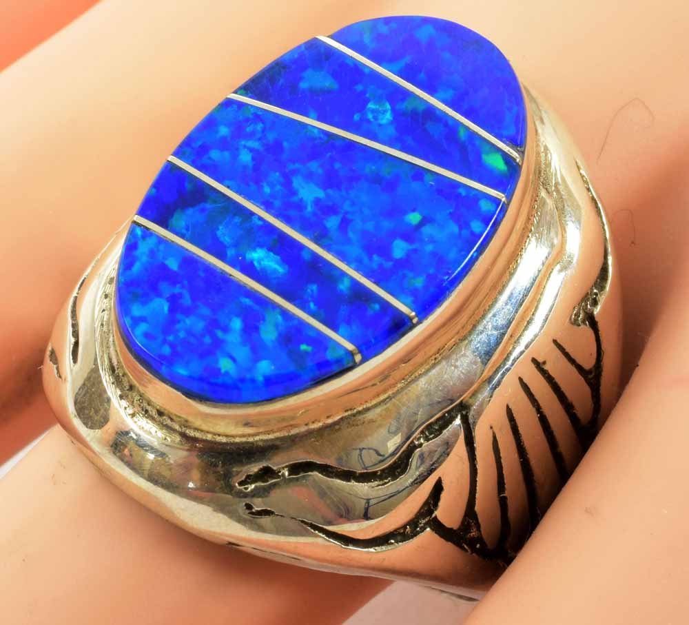 Native American Sterling Lab Opal Inlay Men's Ring (1 of 4)