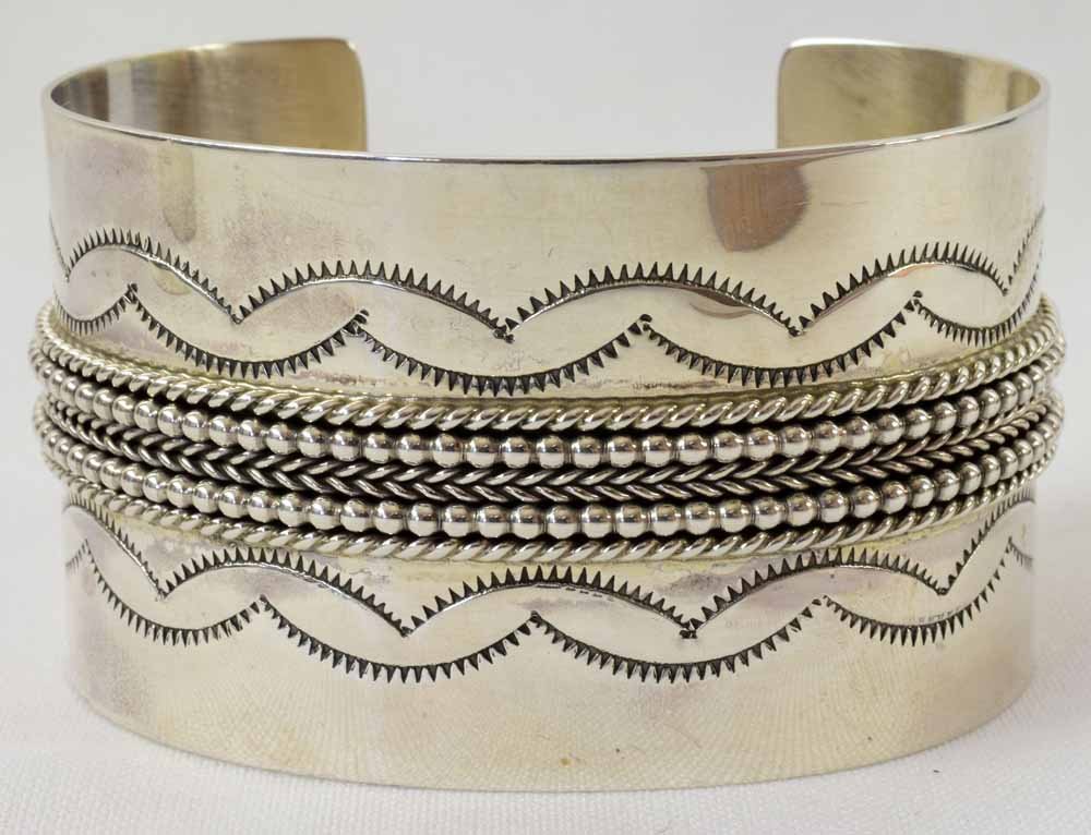 Navajo Sterling Wide Band Sterling Bead & Stamped Cuff (1 of 5)