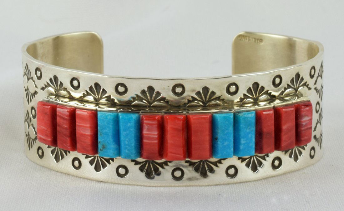 J. Douglas Sterling Inlay Turquoise & Spiny Oyster Cuff (1 of 4)
