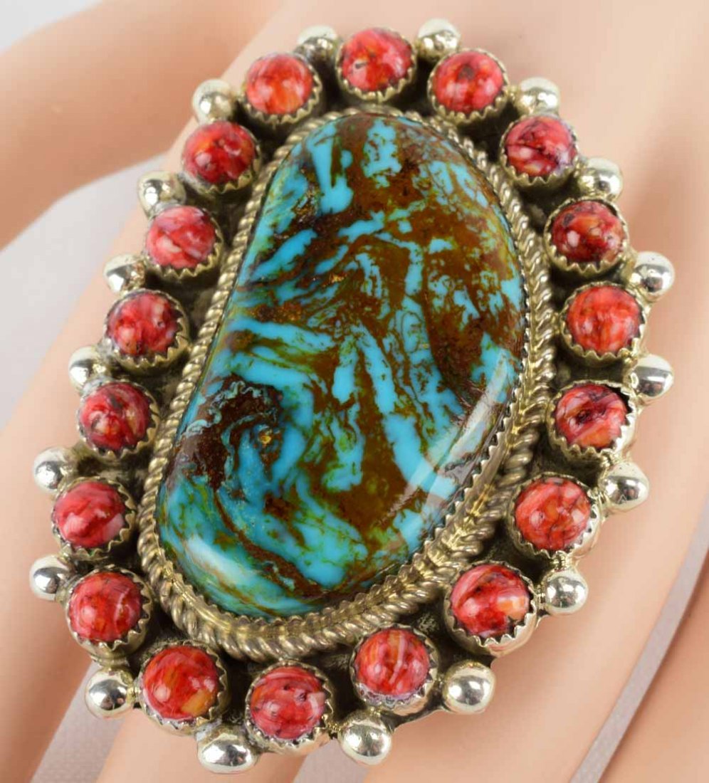 Sterling Large Kingman Turquoise & Spiny Oyster Ring (1 of 5)