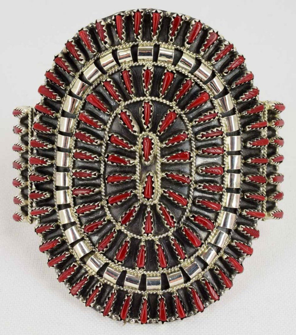 Navajo Sterling Block Coral Needlepoint Bracelet (1 of 5)
