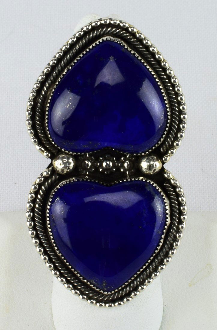 Myron Etsitty Sterling Silver Lapis Double Heart Ring (1 of 4)
