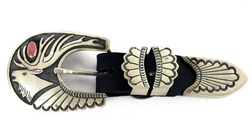 Navajo Sterling Elk Head Coral Ranger Belt Set 4 pc. (1 of 3)