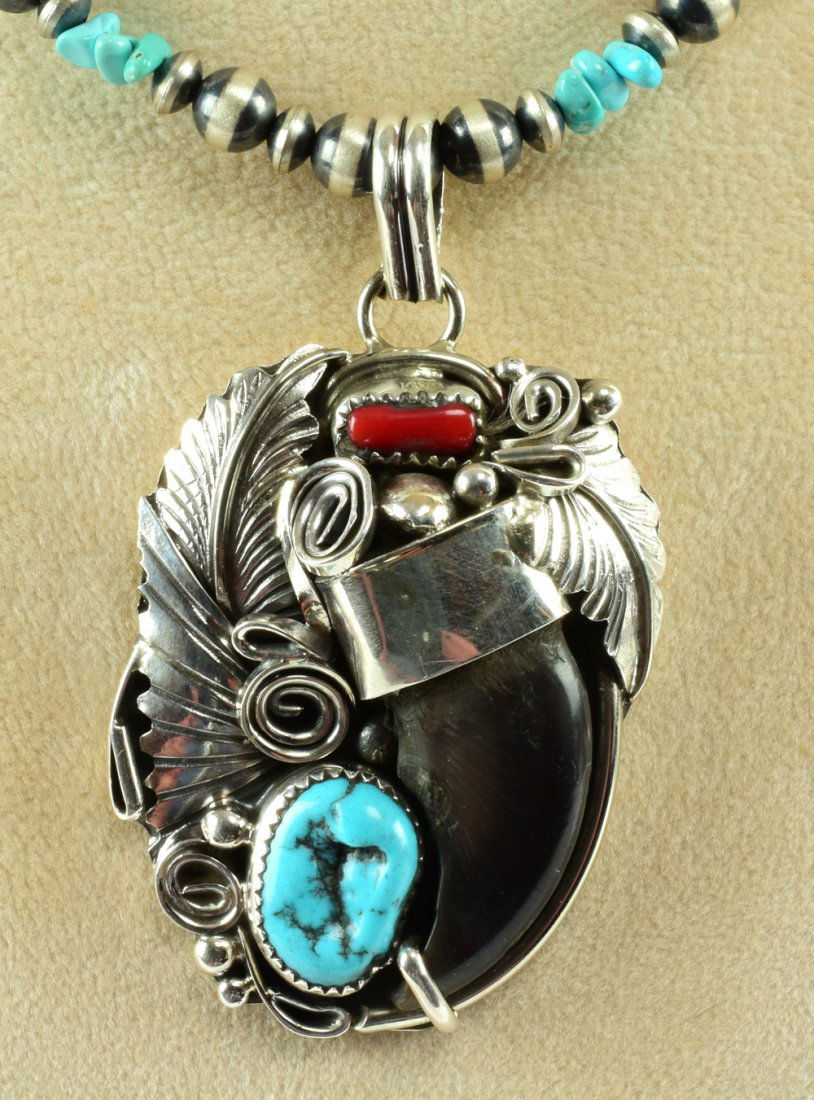 Navajo Sterling Bear Claw Pendant w/Coral & Turquoise (1 of 4)