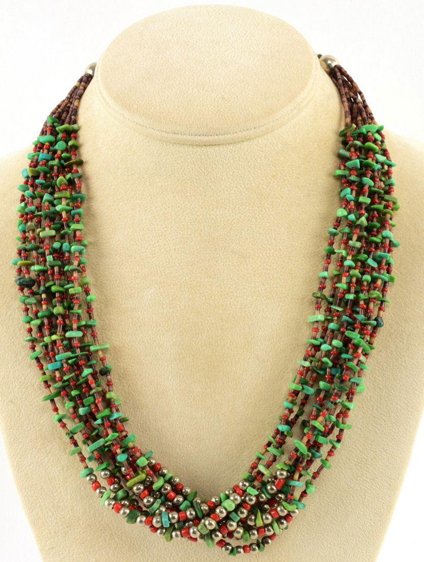 Navajo 10 Strand Turquoise & Coral Bead Necklace (1 of 5)