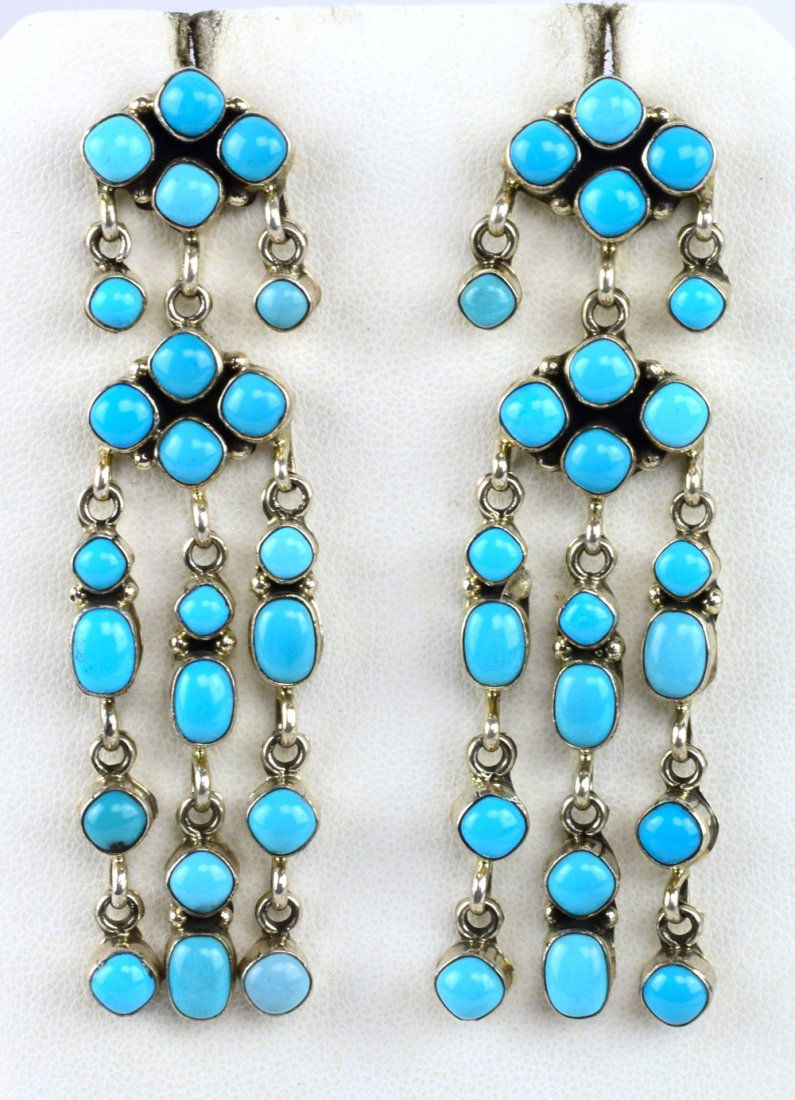 Emma Lincoln {RIP} Sleeping Beauty Turquoise Earrings: For pierced ears these earrings measure 3 inches in length. The stones are amazing and expertly hand set by the late Emma Lincoln. There are 22 stones in each earring. Stamped Sterling and Signed "Emm
