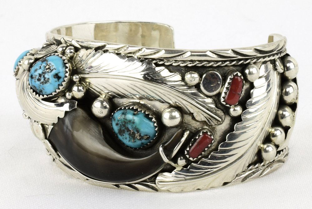 Elaine Sam, Sterling Bear Claw Cuff w/Coral & Turq. (1 of 4)