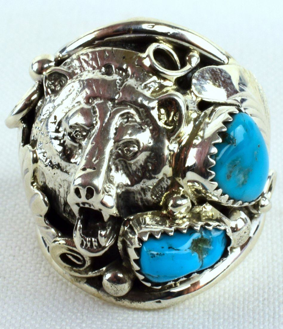 Navajo Sterling Silver Bear Head Men's Ring w/Turq. (1 of 4)
