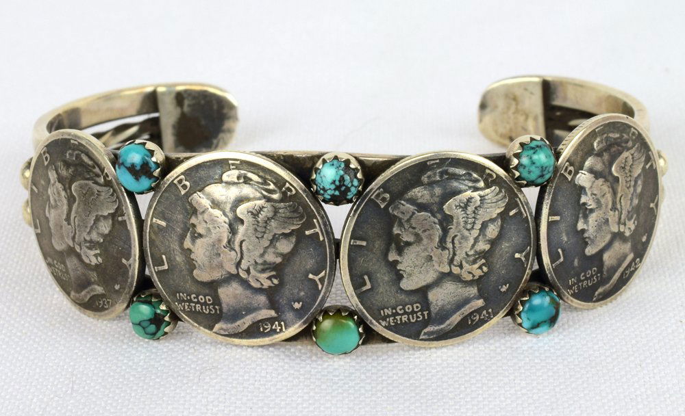 Navajo Mercury Dime Bracelet Signed Buffalo Dancer (1 of 5)