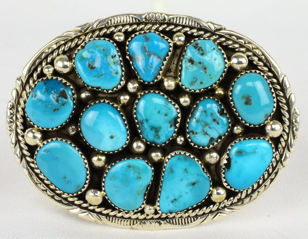 Navajo Sterling Silver Kingman Turquoise Belt Buckle (1 of 5)