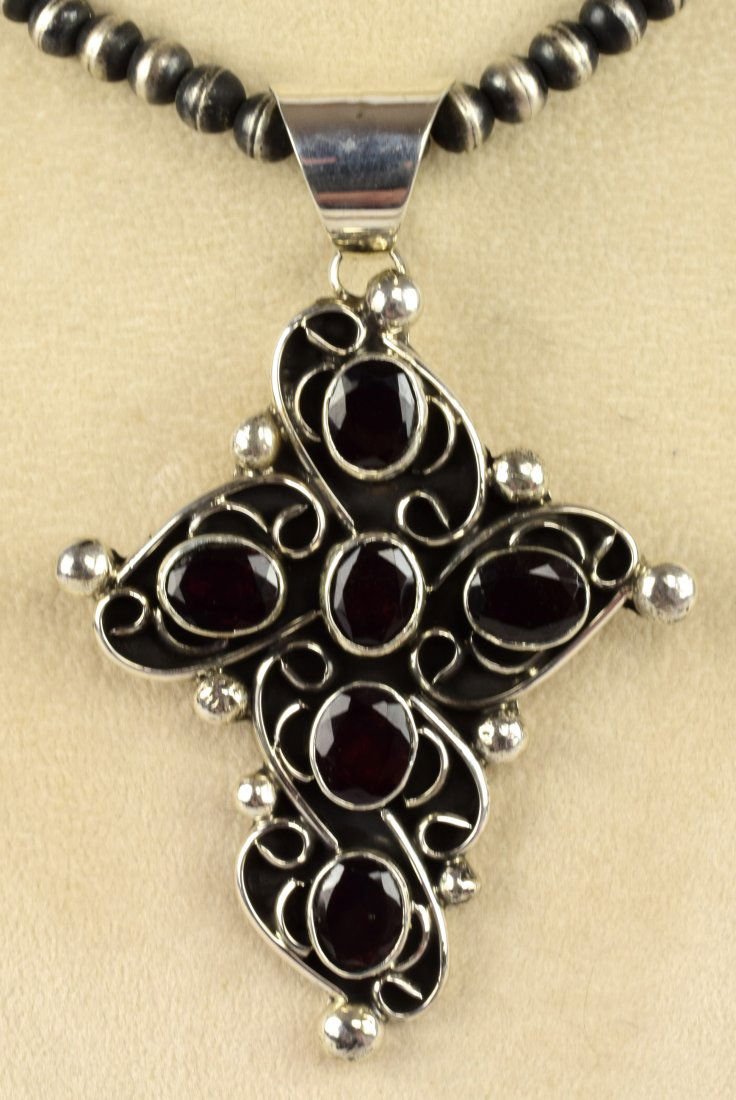 Navajo Sterling Silver Cross  Bead Pendant w/Garnet (1 of 3)