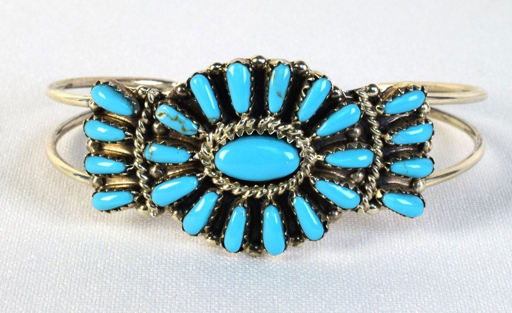 Navajo Sterling Block Turquoise Cluster Cuff Bracelet (1 of 4)