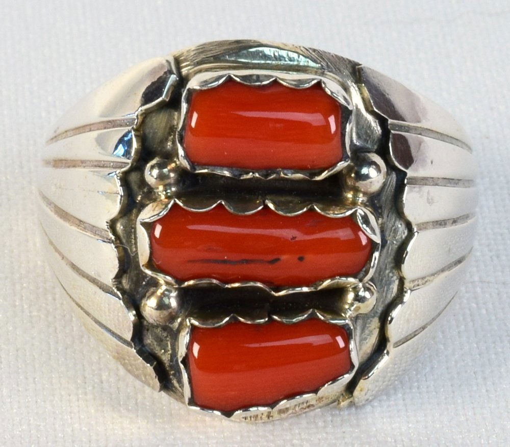 Navajo, Alvery Smith Sterling Coral Men's Ring (1 of 4)