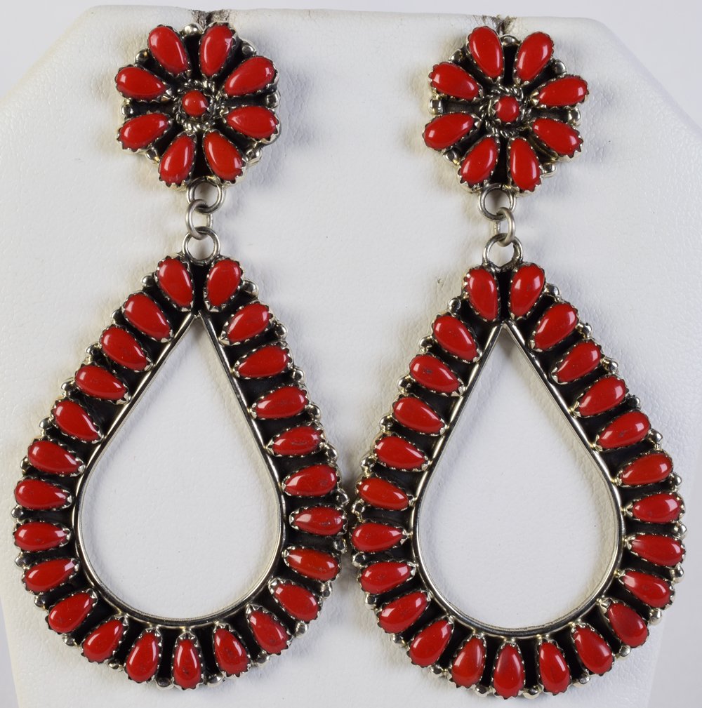 Navajo Sterling Silver Block Coral Teardrop Earrings (1 of 3)