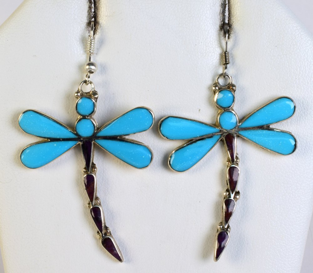 Zuni Inlay Turquoise & Spiny Oyster Dragonfly Earrings (1 of 3)