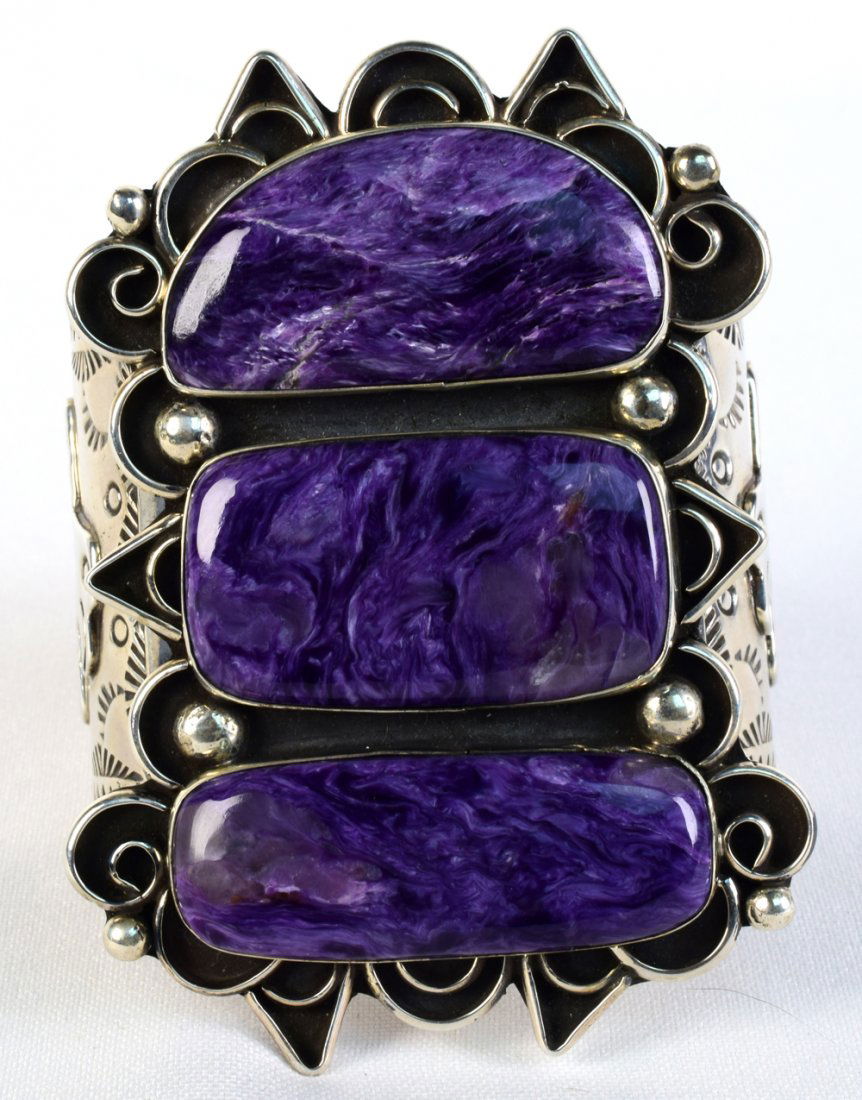 Navajo Sterling  Huge Charoite 3 Stone Cuff w/Eagle (1 of 4)