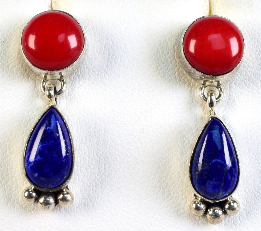 Native American Sterling Coral & Lapis Earrings (1 of 3)