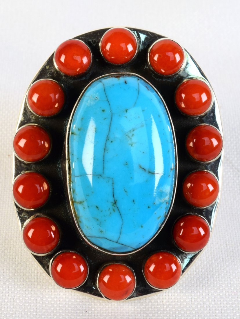 Navajo Sterling Blue Gem Turquoise and Coral Ring (1 of 3)