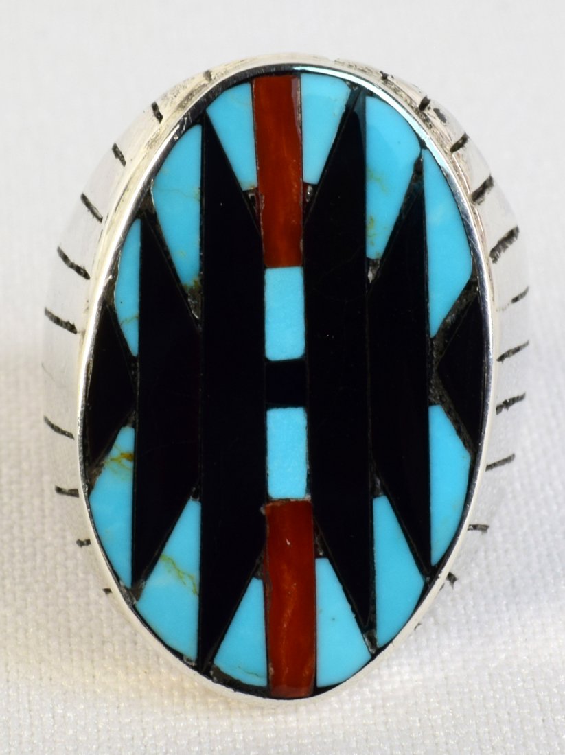 Zuni, C. Dishta Sterling Multi-Stone Inlay Men's Ring (1 of 4)
