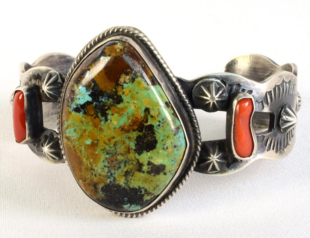 Sterling Silver Nevada Green Turquoise Bracelet w/Coral (1 of 5)