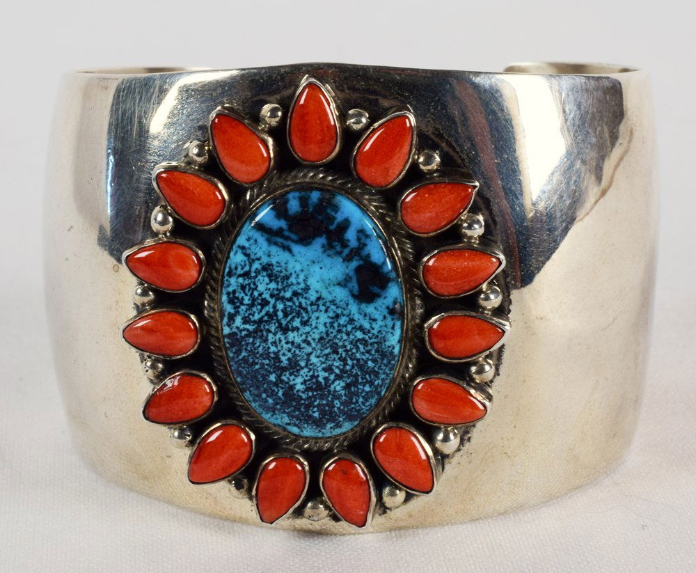 Native American Sterling Turquoise & Coral Cuff (1 of 5)